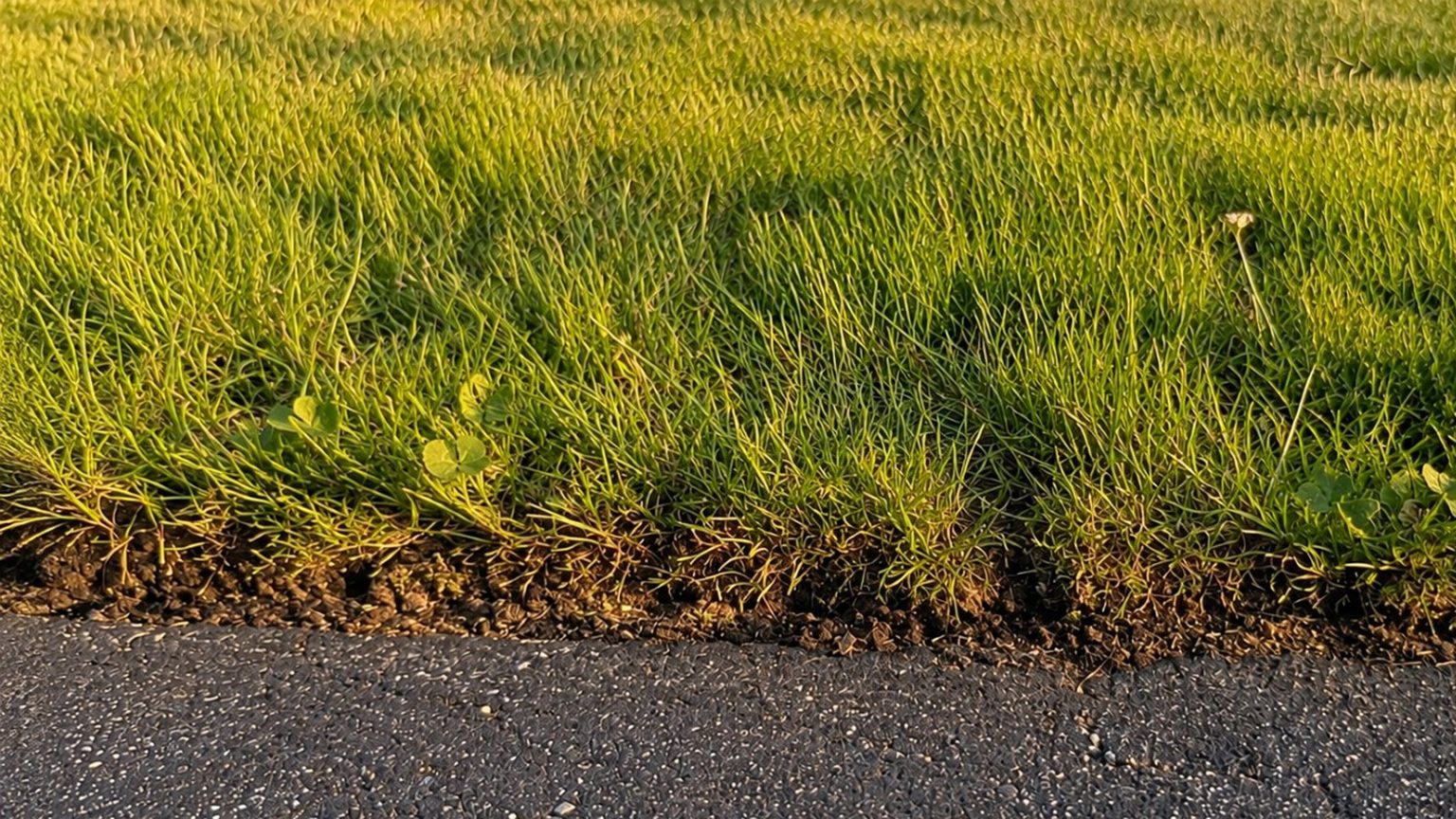 The edge of a lawn where the grass meets the asphalt