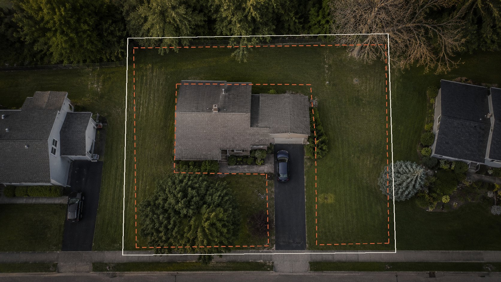 An example property from above, with the property line and the mowable areas drawn on it